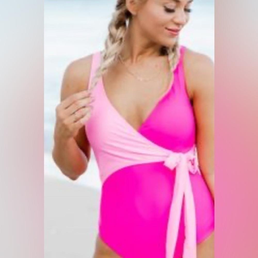 One-Piece pink Swimsuit pink color block wrap swimsuit size medium tummy control